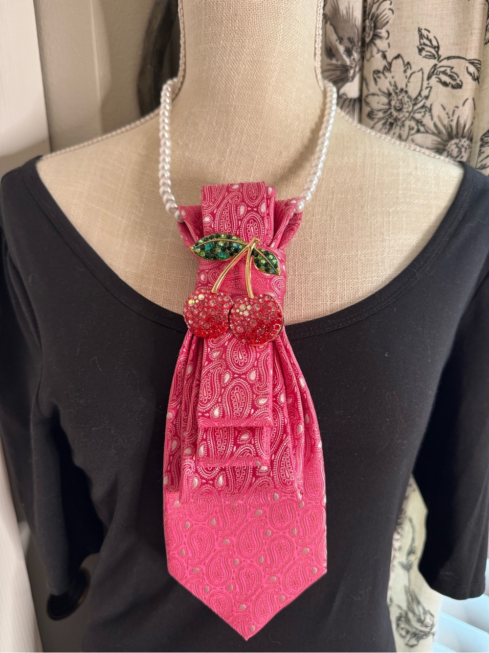 Pink Paisley Tie Necklace with Crystal Cherry Pendant by